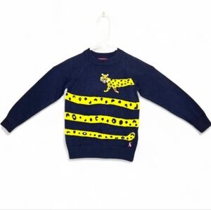 Joules Wrap-around Leopard Crew Neck Sweater. Navy/yellow. Size 4 Years.